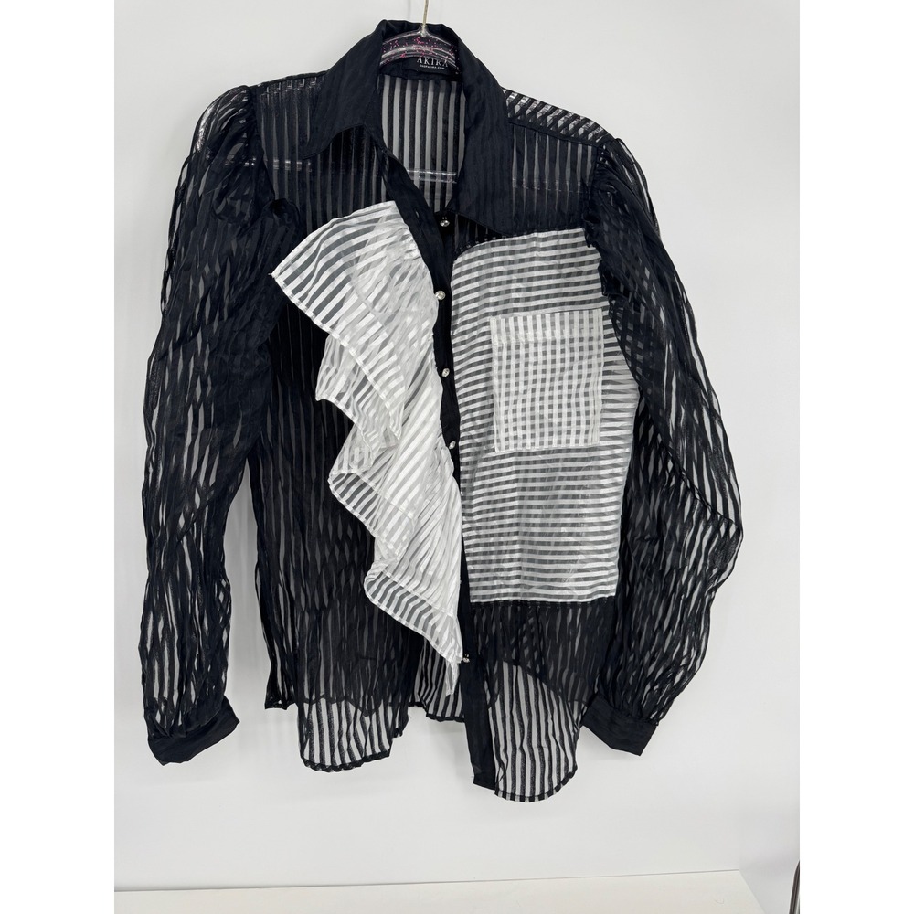 AKIRA Black Sheer Stripe Button-Up Blouse with White Ruffle and Patch